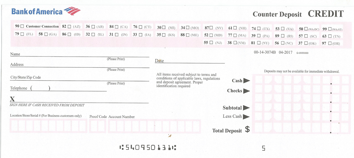Bank of America deposit slip example