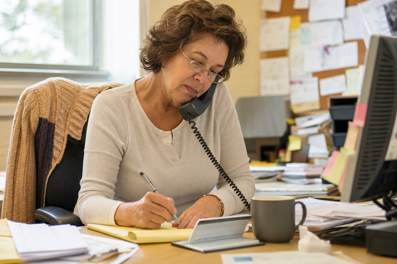 Office manager taking a check payment by phone, writing the routing number on a notepad