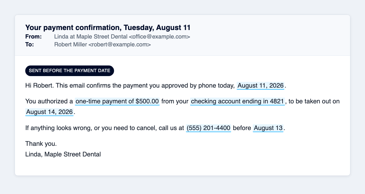 Example of a written confirmation for a one-time phone check payment