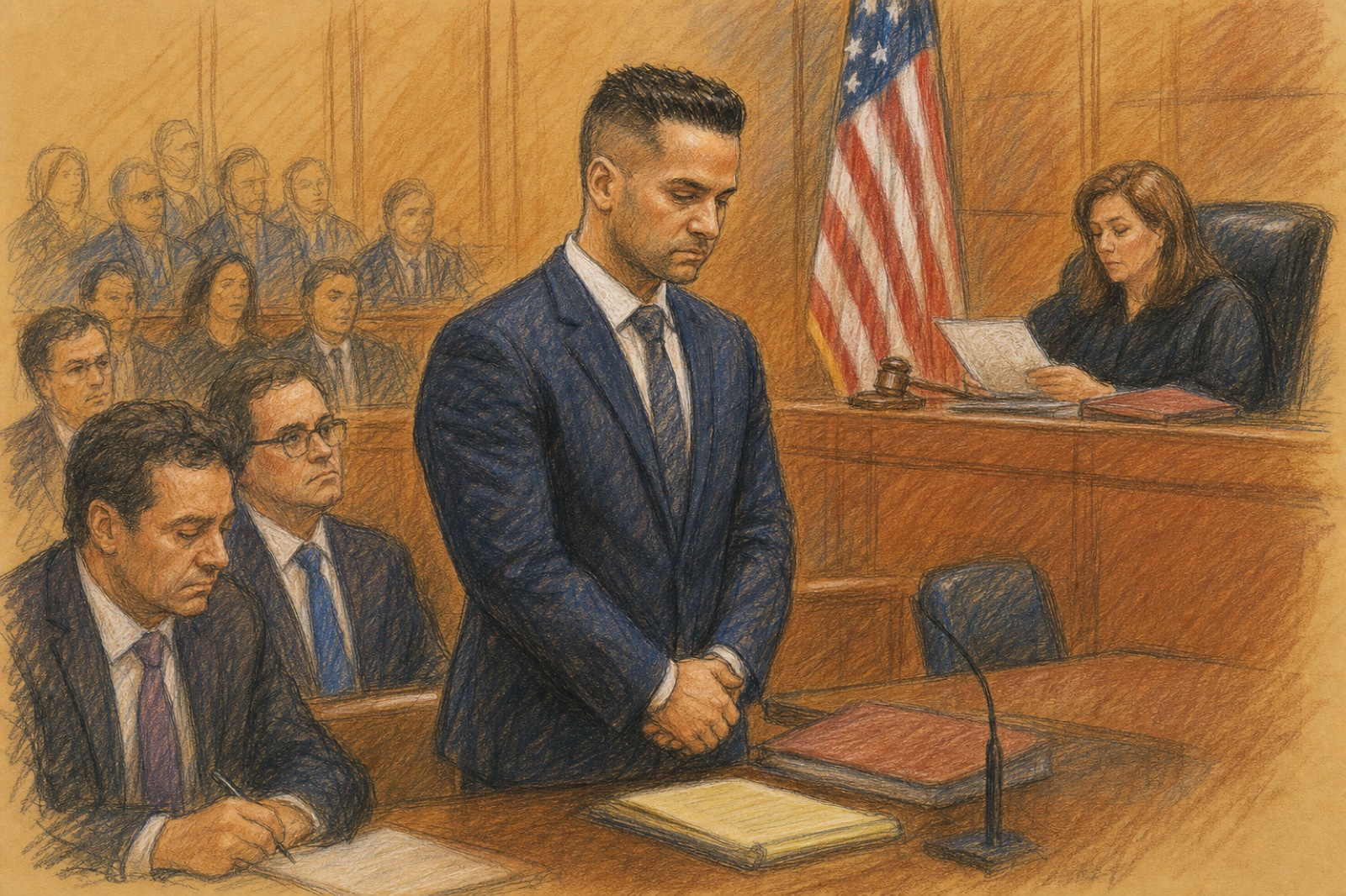 Courtroom-sketch-style illustration of a federal tax-evasion sentencing hearing