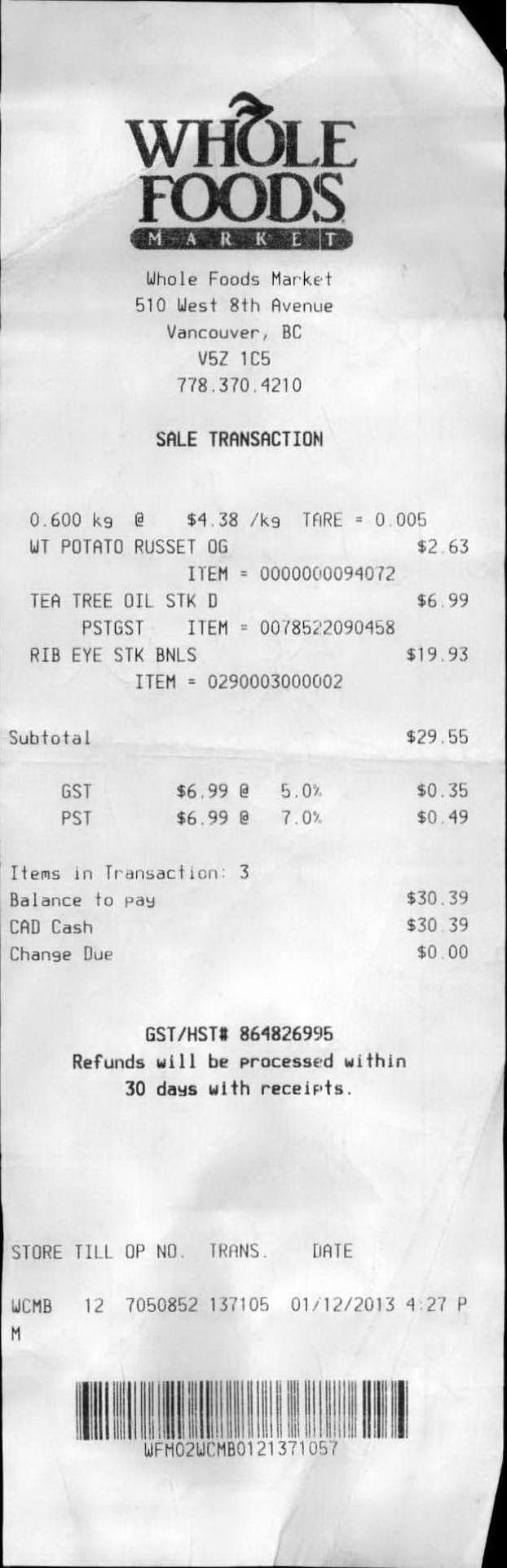 A Whole Foods Vancouver receipt, $30.39 CAD paid in cash
