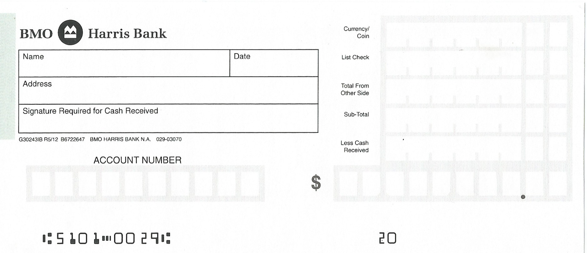 BMO Harris Bank deposit slip example