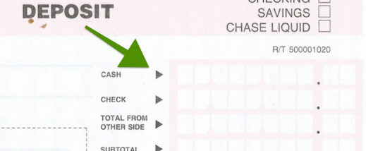 Cash line on a deposit slip