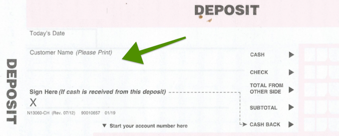 Where to write your name on a deposit slip