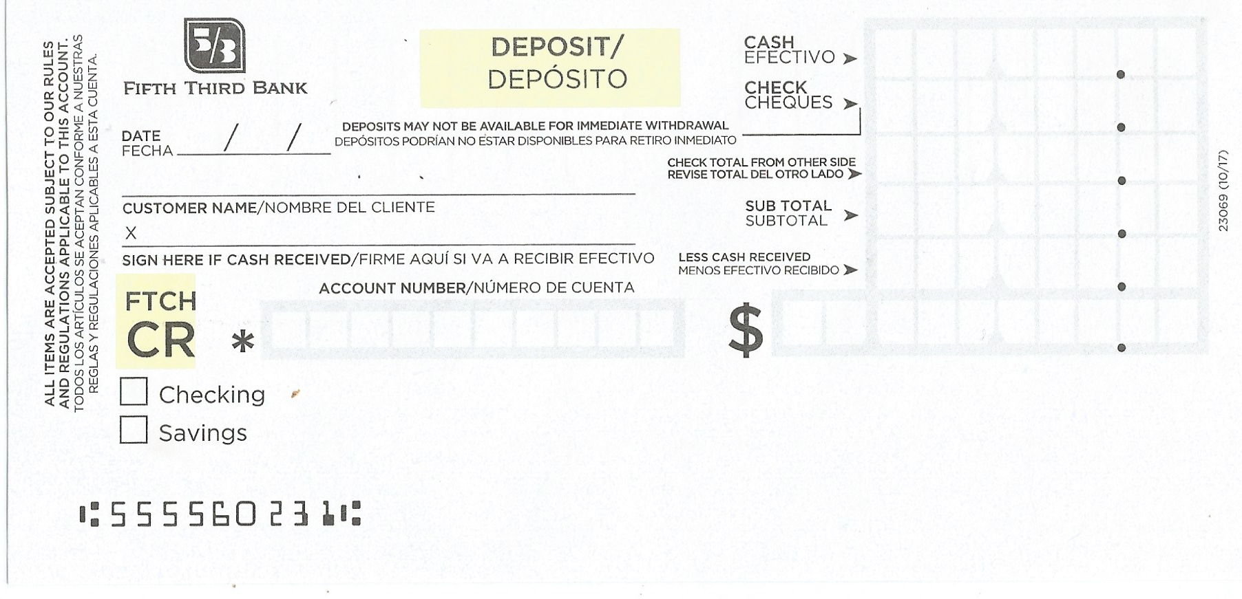 Fifth Third Bank deposit slip example