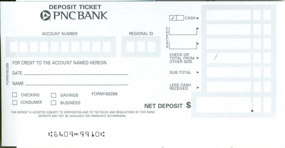 PNC deposit slip example
