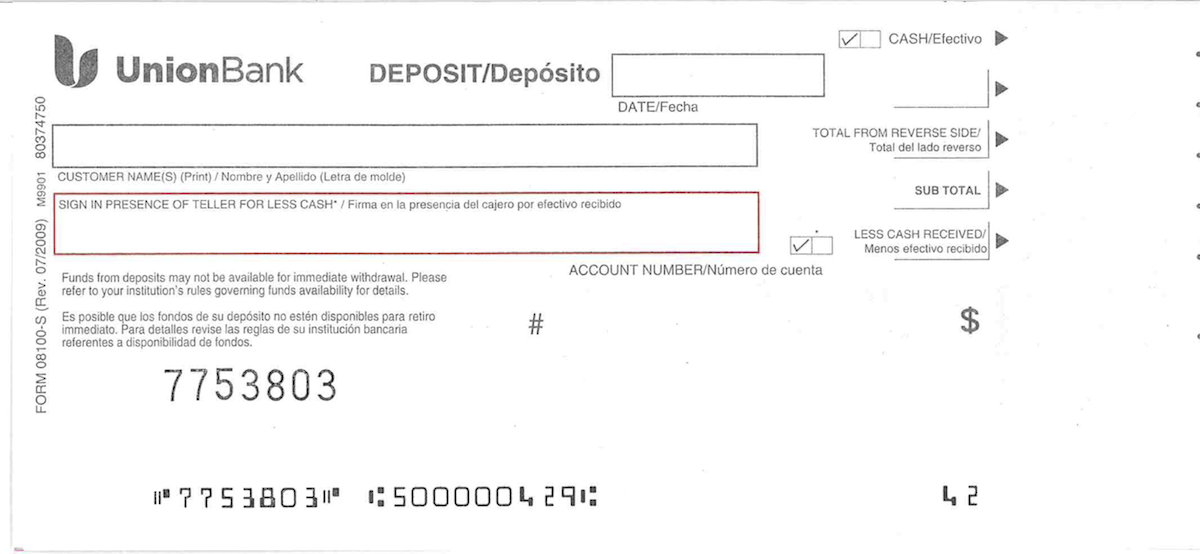 Union Bank deposit slip example